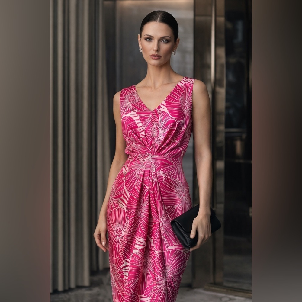 Armani Exchange Womens Pink Dress Sz 2 Floral Silk Vneck Sheath Barbiecore